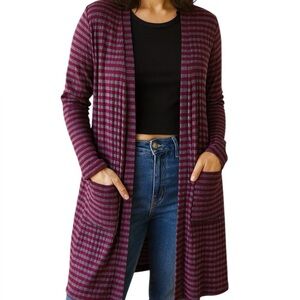 LuLaRoe Small Crimson Cranberry & Grey Stripe Long Layering Cardigan Textured